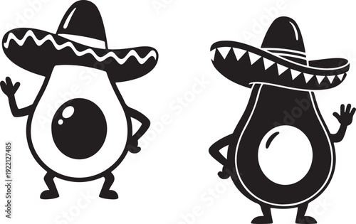 Two anthropomorphic avocados wearing sombreros wave cheerfully