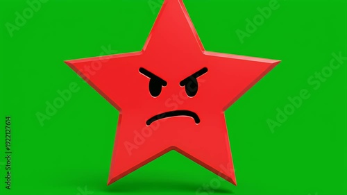 A red, stylized five-pointed star with an angry face expression set against a green backdrop
