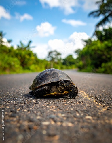 Wallpaper Mural Turtle Crossing Asphalt Road Under Blue Sky with Clouds and Green Trees. Torontodigital.ca