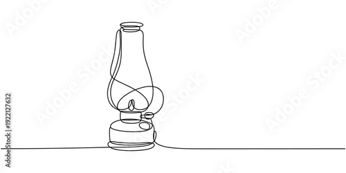 Abstract vintage kerosene lamp or lantern continuous one line art vector illustration, Single continuous line drawing vintage camping lantern on white background.