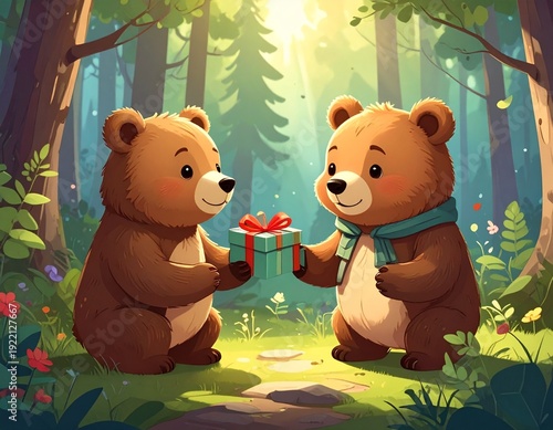 Wallpaper Mural Two Adorable Cartoon Bears Exchanging a Gift in a Lush Forest Setting. Torontodigital.ca