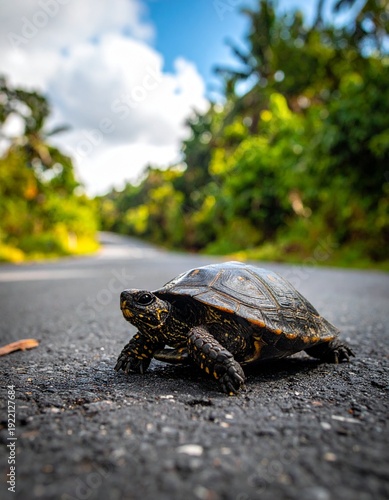 Wallpaper Mural Turtle Crossing the Road - A Curious Encounter in Natures Path. Torontodigital.ca