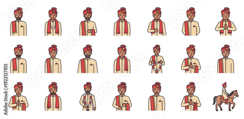 Indian Groom Avatar Portrait Vector Collection Traditional Wedding Attire Faces Asian Marriage Ceremony Male Protagonist Greeting Namaste Flat Illustration Set.