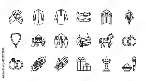 Line Art Indian Groom Wedding Icon Set Vector Outline Symbols Traditional Marriage Ceremony Elements Attire Horse Decoration Drum Mehndi Gift Puja Object Outline Illustration Design