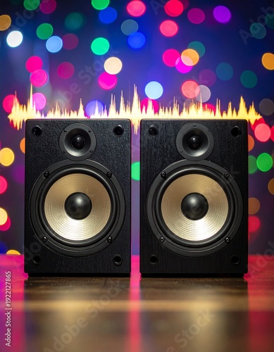 Wallpaper Mural Two Black Speakers with Flames and Colorful Bokeh Background. Torontodigital.ca