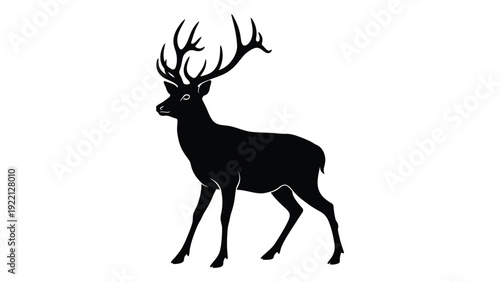 A black silhouette of a deer with large antlers isolated on white background, Vector