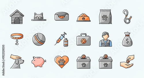 Collection of veterinary and pet care icons for illustration.