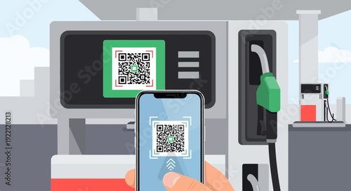 Modern Contactless Fuel Payment Smartphone with QR Code Interacts with Gas Pump for Rapid and Efficient Transactions, Streamlining Refueling at Service Stations