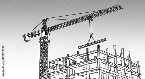 Construction crane lifting steel beam onto building framework.