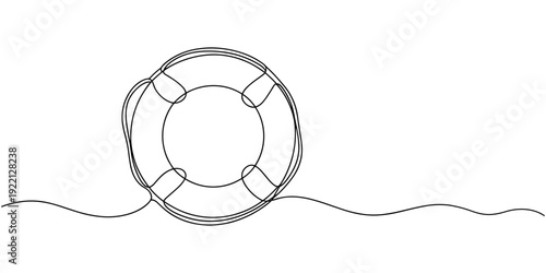 One continuous line drawing of Lifebuoy. Rescue belt and rubber ring with rope in simple linear style. Concept of support and help service. Editable stroke. Doodle contour vector illustration