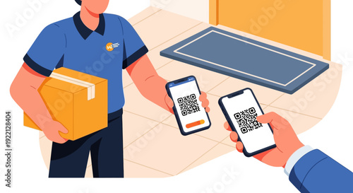 Delivery man holding package while customer scans QR code on smartphone for contactless delivery
