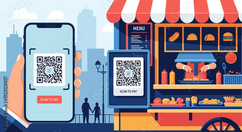 Customer scanning QR code on phone to pay at a street food stall with hot dogs and tacos