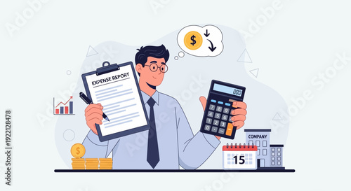 Expense report management and financial calculation with calculator and documents, business accounting concept