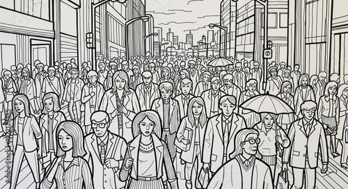 Crowd of people walking in a city street illustration.