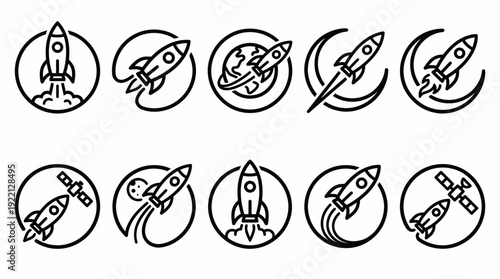 Rocket Vector Icons Collection | Space, Science, Technology, Launch, Motion, Planetary Design, Minimalist Line Art, Editable Vector Set, Modern Graphics, Futuristic Exploration Symbols