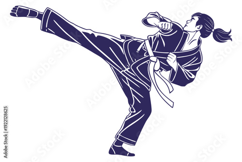 Female martial artist performing a kick in blue karate uniform with white belt