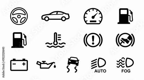 Car Dashboard Warning Icons Vector | Vehicle Indicators, Automotive Alerts, Fuel, Battery, Oil, Lights, Safety Symbols, Minimalist Line Art, Editable Vector Set, Modern Graphics