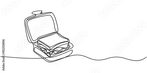 Lunchbox with a Sandwich continuous one line drawing, Single one line drawing hand holding lunch box. Healthcare at office concept. Continuous line draw design graphic vector illustration.