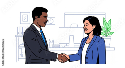 Diverse business professionals shaking hands in office setting illustration.