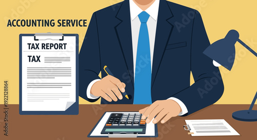 Financial professional providing meticulous accounting service, diligently preparing a crucial tax report and managing business calculations with precision
