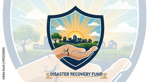 Disaster Recovery Fund Shield with Hand and Sunrise.