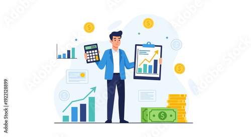 Financial growth and investment analysis with charts, calculator and money stacks