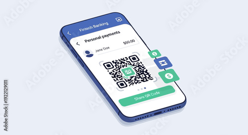 Smartphone displaying QR code for secure mobile banking personal payments, showcasing modern digital transaction technology and cashless financial convenience