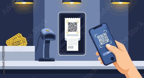 Modern digital ticketing system with a hand scanning a QR code from a smartphone for fast and convenient venue access, contrasting traditional paper tickets
