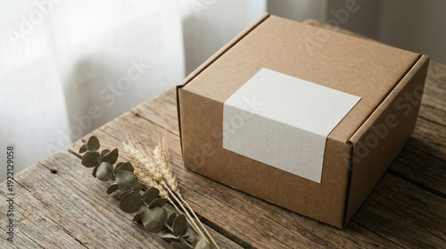 Brown kraft paper box packaging with dried flowers on wooden table.