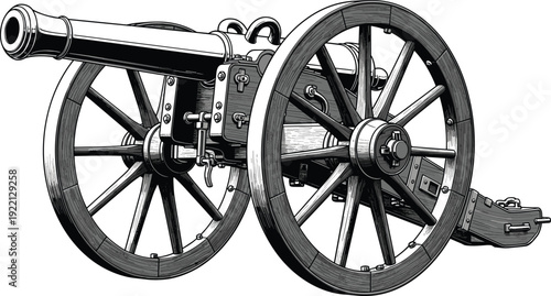 Antique military cannon detailed vintage artillery weapon illustration isolated historical vector design