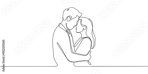 Man and woman hug and look each other in the eye continuous one line drawing, Man and woman hug and look each other in the eye continuous one line drawing,