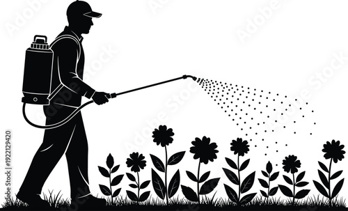 Gardener Spraying Plants with Backpack Sprayer in Garden Black Silhouette Vector Illustration