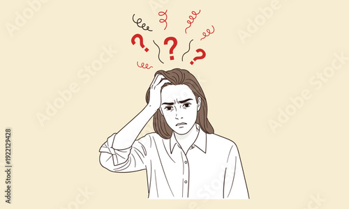 Confused stressed woman holding head with question marks above, illustrating mental overload, anxiety, uncertainty, problem solving difficulty, emotional stress, and overthinking concept in minimalist