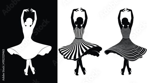 Elegant dancing woman silhouette in striped dress retro fashion vector illustration collection
