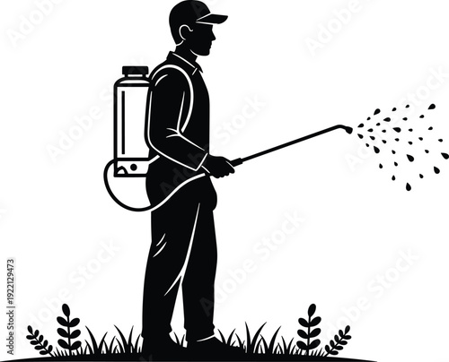 Gardener Using Backpack Sprayer for Plant Care in Garden Black Silhouette Vector Illustration