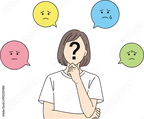 Confused woman thinking with question mark and negative emotion icons around, mental stress and uncertainty concept showing sadness, worry and anxiety in flat illustration style