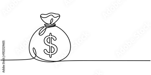 Dollar money bag continuous one line drawing. Hand holding coin continuous single line drawing, Continuous one line drawing of money bag. Money storage and investment vector illustration
