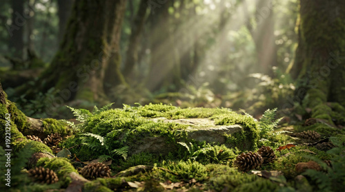 Mossy rock podium on forest floor with sunlight rays.