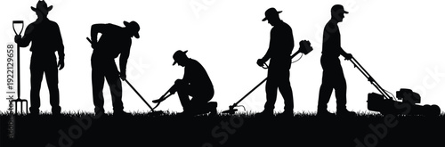 Gardening workers silhouette set with lawn care maintenance tools outdoor landscaping vector illustration