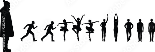 Black silhouettes of ballet dancers, running men, people in winter coats, various athletic and standing poses set, isolated on white,