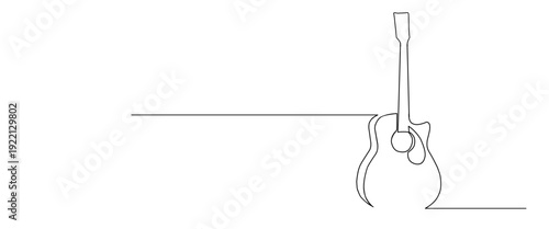 One line drawing of classic guitar with music notes tone design. Classical jazz music instrument. Vector illustration simple continuous outline style