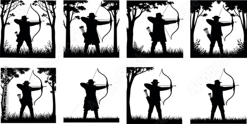 Black archer silhouettes aiming bow and arrow in forest scenes, medieval hunter warrior poses, outdoor archery illustration set for fantasy hunting concepts