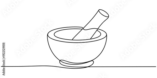 Mortar and pestle continuous one line drawing in a minimalist black and white style, an elegant sketch representing pharmacy, herbal medicine, cooking, and apothecary concepts