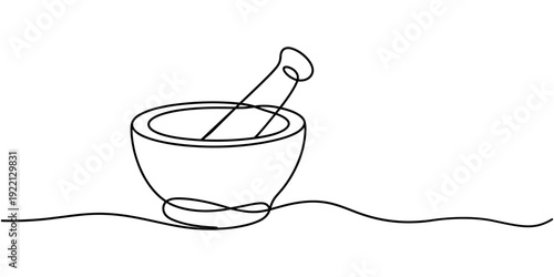 Mortar and pestle continuous one line drawing in a minimalist black and white style, an elegant sketch representing pharmacy, herbal medicine, cooking, and apothecary concepts