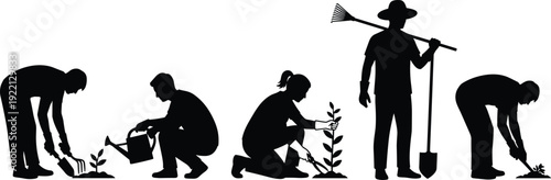 Black silhouettes of gardeners planting trees, farmers with rake and shovel, watering plants, agricultural workers manual labor set isolated on white,