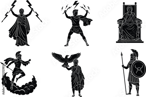 Greek mythology gods silhouettes set with Zeus lightning Athena warrior and ancient deity illustration