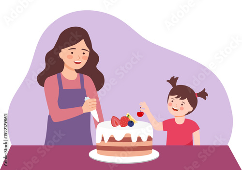 Mother and daughter making cake together in flat design. Parent and child decorating sweet food cooking, family members in kitchen character.