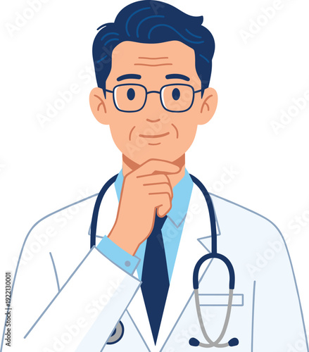 Confident male doctor thinking pose illustration, professional healthcare physician with stethoscope and glasses isolated on white background vector