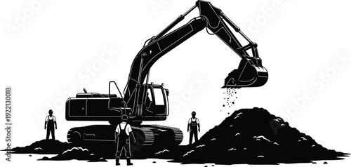 Heavy Excavator Loading Soil with Construction Workers on Site Black Silhouette Vector Illustration