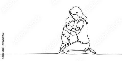 mother kneeling on floor hugging her son continuous one line drawing, continuous single line drawing of mother kneeling on floor hugging her son, line art embracing their